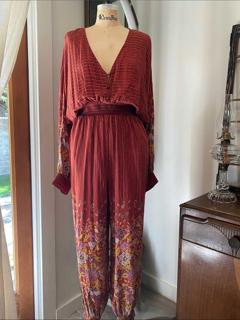 Anthropologie Rust Red Floral Printed Jumpsuit